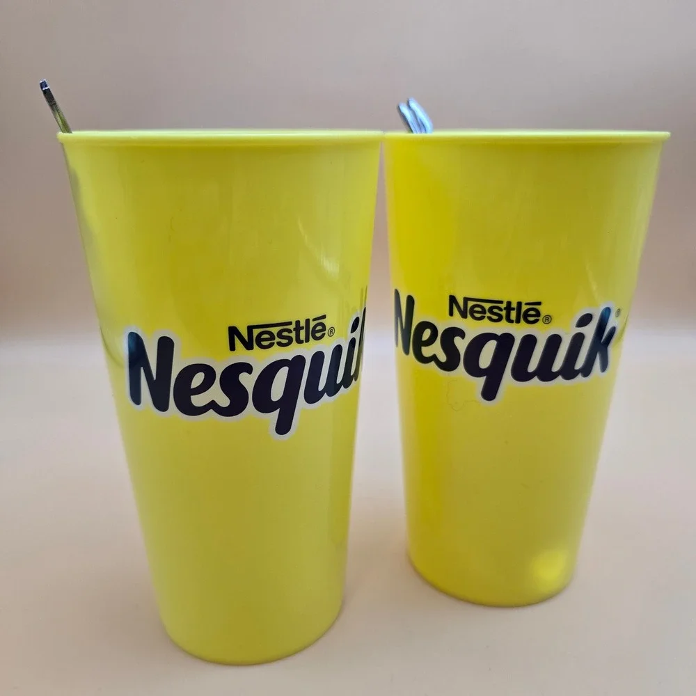Vintage Nestle Nesquik Yellow Plastic Cups & Bunny Mixing Spoons Set of 2